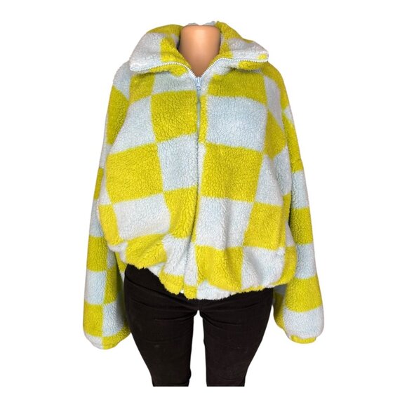 Urban Outfitters Checkered Sherpa Zip-Up Jacket Size L Lime & Blue Cozy Oversize - Picture 1 of 4